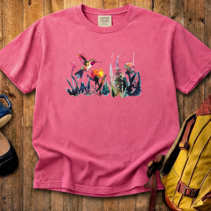 Watercolor Hummingbird with Flowers Cotton T-Shirt