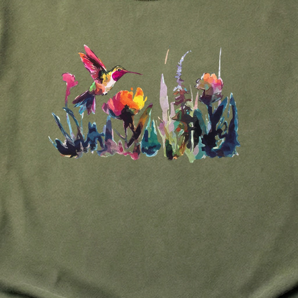 Watercolor Hummingbird with Flowers Cotton T-Shirt