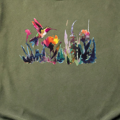 Watercolor Hummingbird with Flowers Cotton T-Shirt