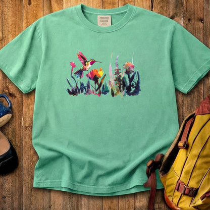 Watercolor Hummingbird with Flowers Cotton T-Shirt