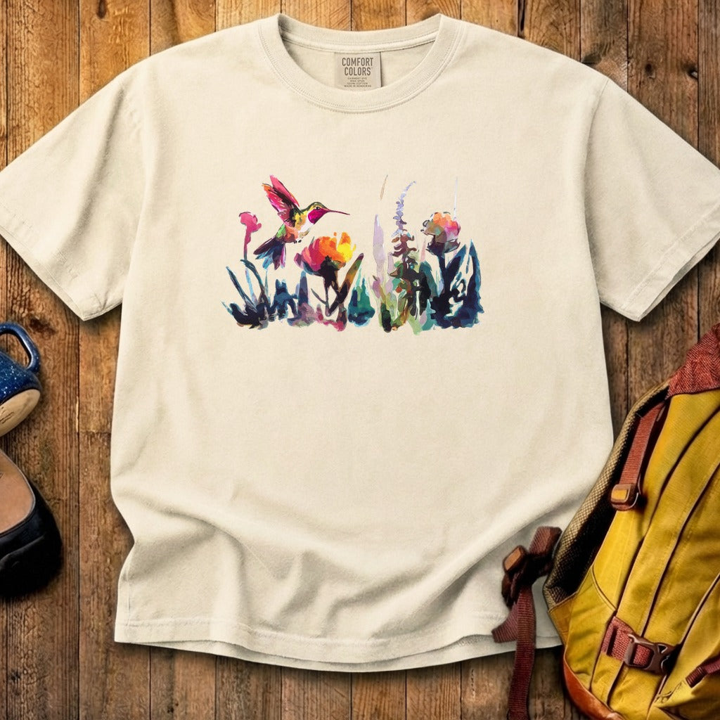 Watercolor Hummingbird with Flowers Cotton T-Shirt