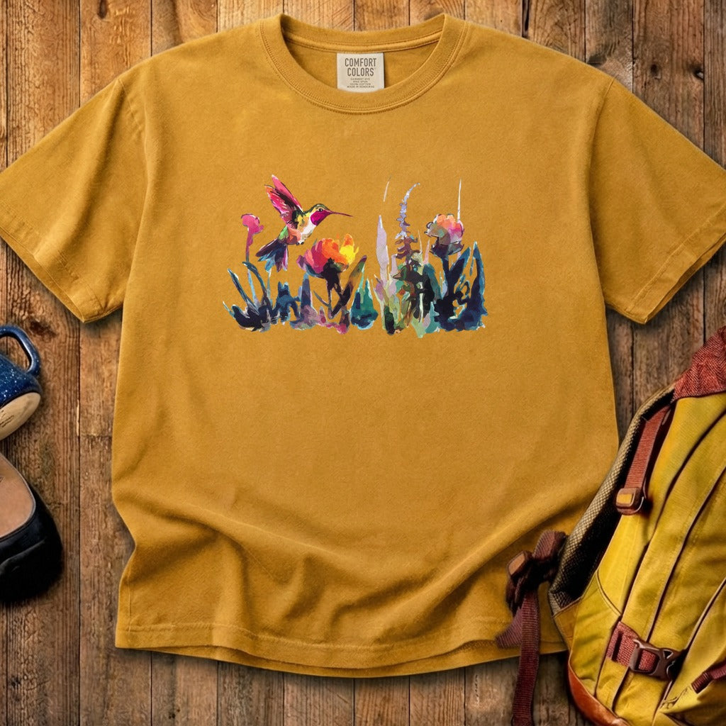 Watercolor Hummingbird with Flowers Cotton T-Shirt