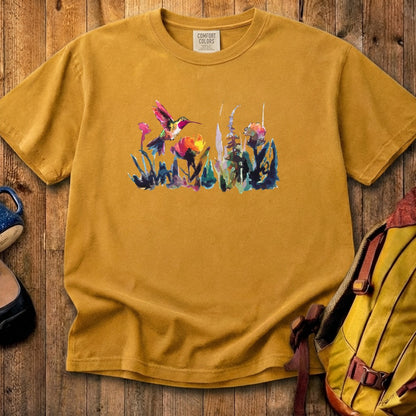 Watercolor Hummingbird with Flowers Cotton T-Shirt