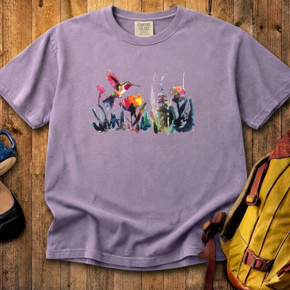 Watercolor Hummingbird with Flowers Cotton T-Shirt