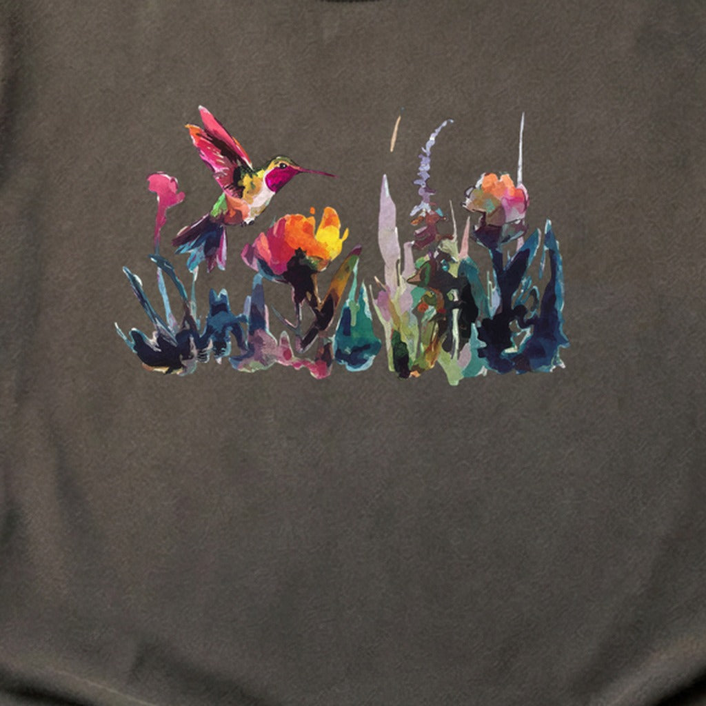 Watercolor Hummingbird with Flowers Cotton T-Shirt