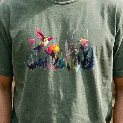 Watercolor Hummingbird with Flowers Cotton T-Shirt