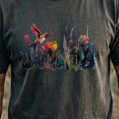 Watercolor Hummingbird with Flowers Cotton T-Shirt