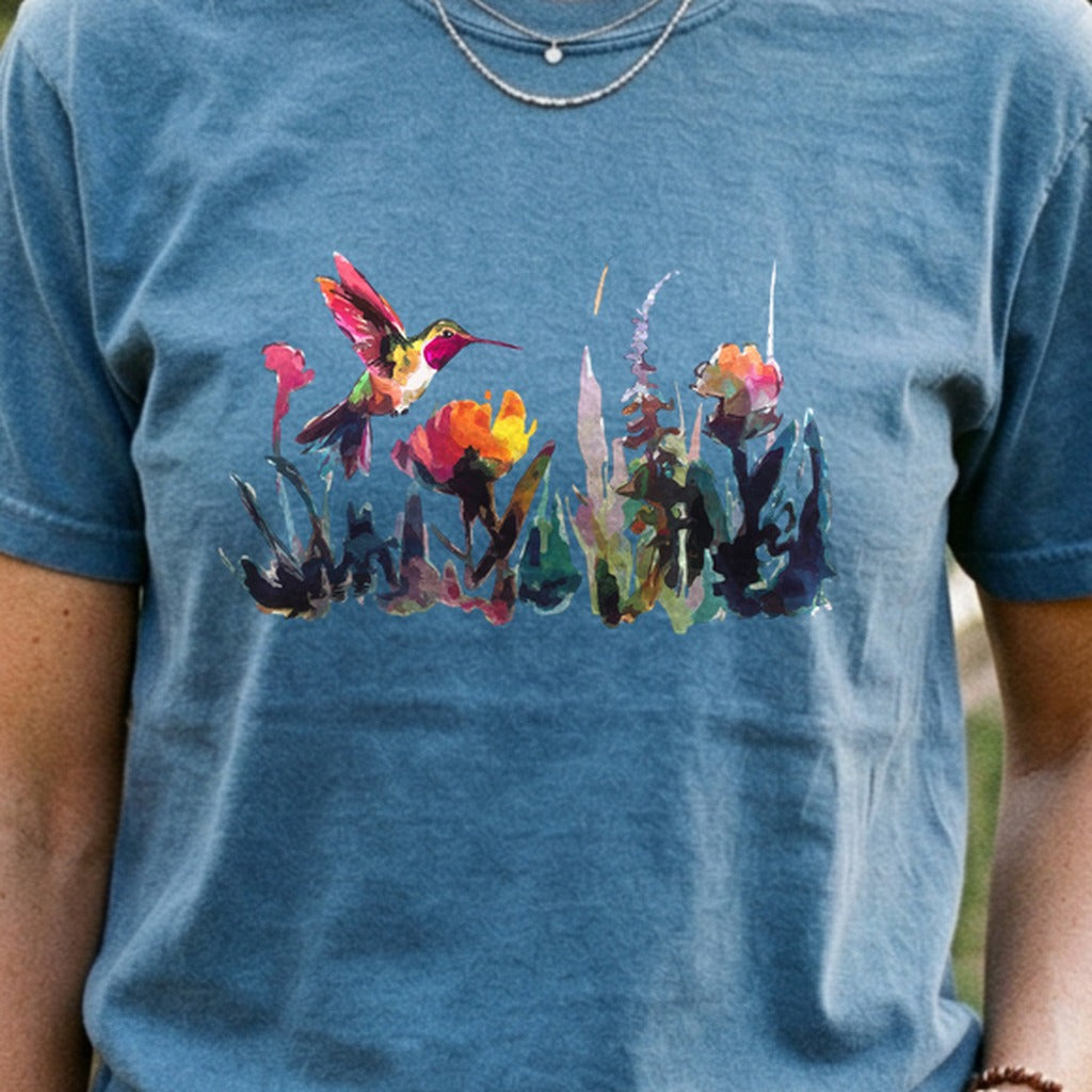 Watercolor Hummingbird with Flowers Cotton T-Shirt