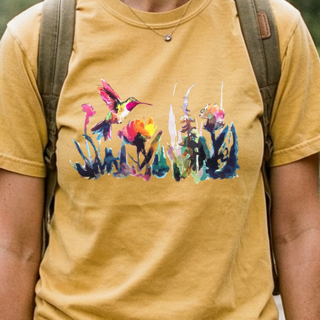 Watercolor Hummingbird with Flowers Cotton T-Shirt