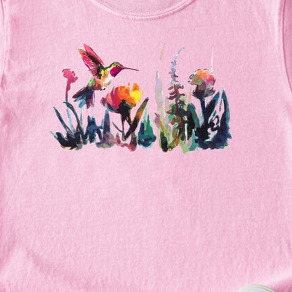 Watercolor Hummingbird with Flowers Kids Cotton T-Shirt