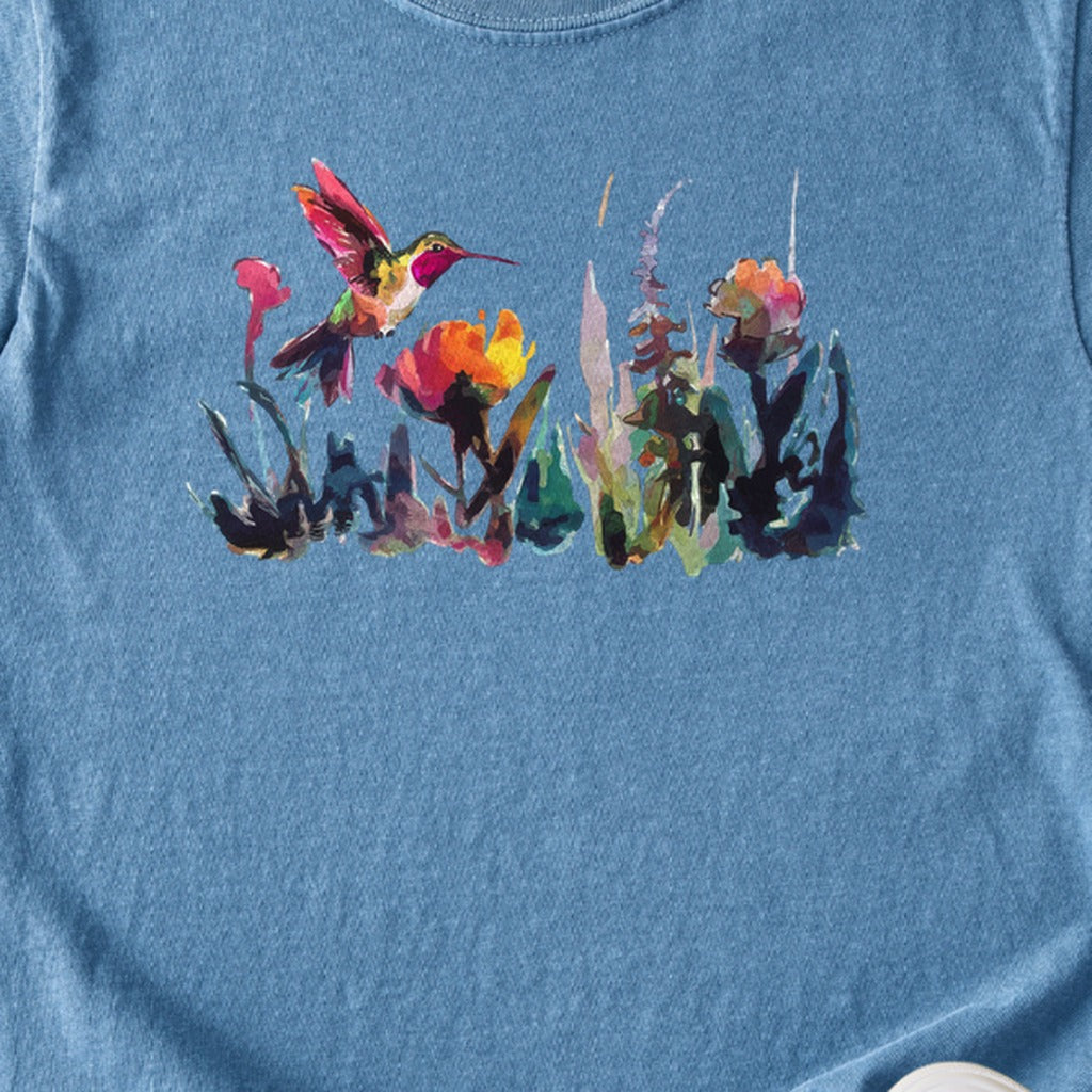 Watercolor Hummingbird with Flowers Kids Cotton T-Shirt