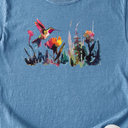 Watercolor Hummingbird with Flowers Kids Cotton T-Shirt