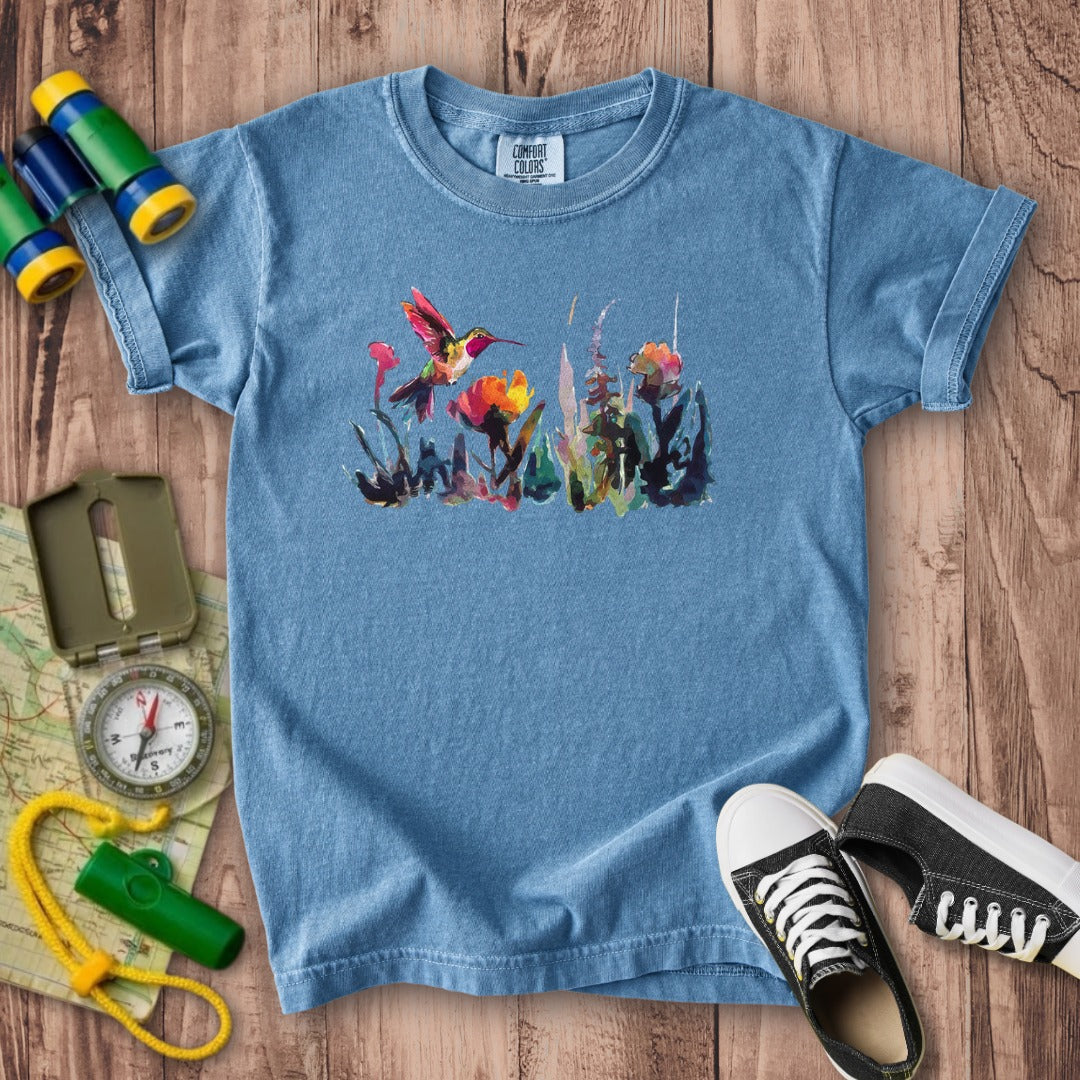 Watercolor Hummingbird with Flowers Kids Cotton T-Shirt