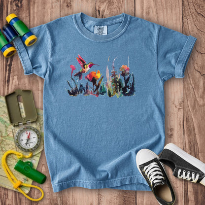 Watercolor Hummingbird with Flowers Kids Cotton T-Shirt