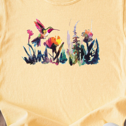 Watercolor Hummingbird with Flowers Kids Cotton T-Shirt