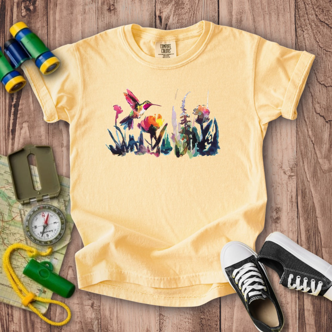 Watercolor Hummingbird with Flowers Kids Cotton T-Shirt