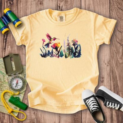 Watercolor Hummingbird with Flowers Kids Cotton T-Shirt