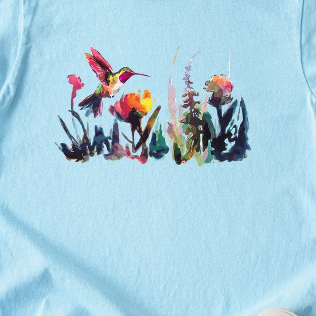 Watercolor Hummingbird with Flowers Kids Cotton T-Shirt