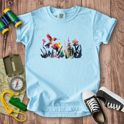 Watercolor Hummingbird with Flowers Kids Cotton T-Shirt