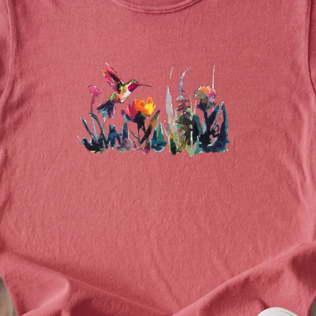 Watercolor Hummingbird with Flowers Kids Cotton T-Shirt