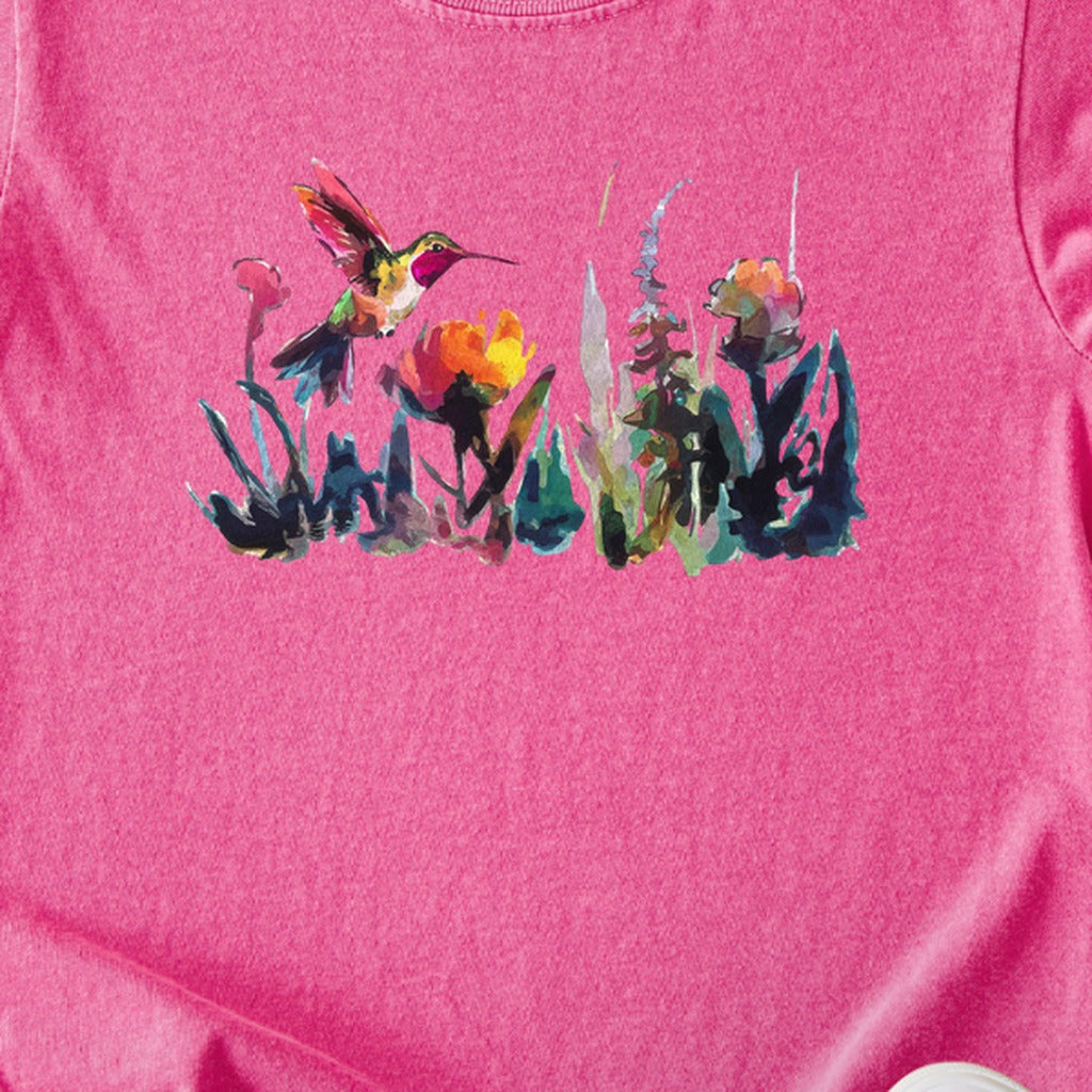 Watercolor Hummingbird with Flowers Kids Cotton T-Shirt