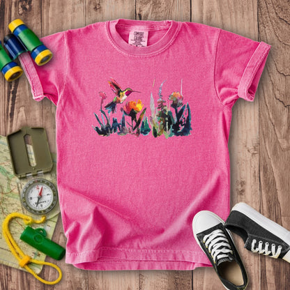 Watercolor Hummingbird with Flowers Kids Cotton T-Shirt
