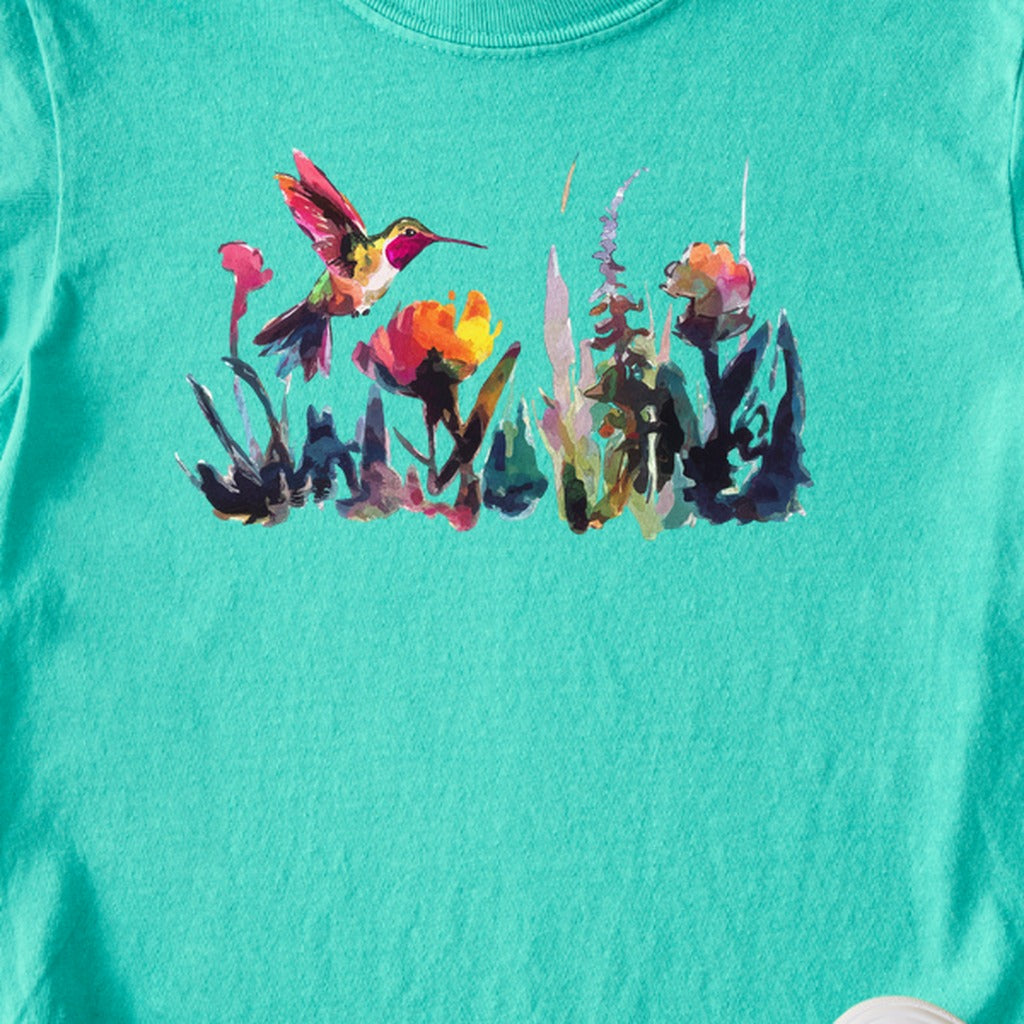 Watercolor Hummingbird with Flowers Kids Cotton T-Shirt