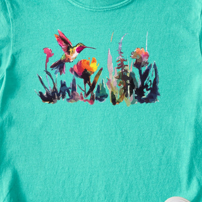 Watercolor Hummingbird with Flowers Kids Cotton T-Shirt