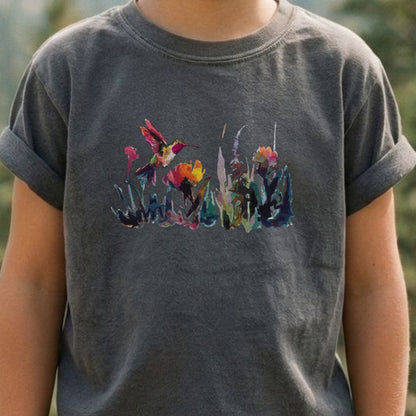 Watercolor Hummingbird with Flowers Kids Cotton T-Shirt