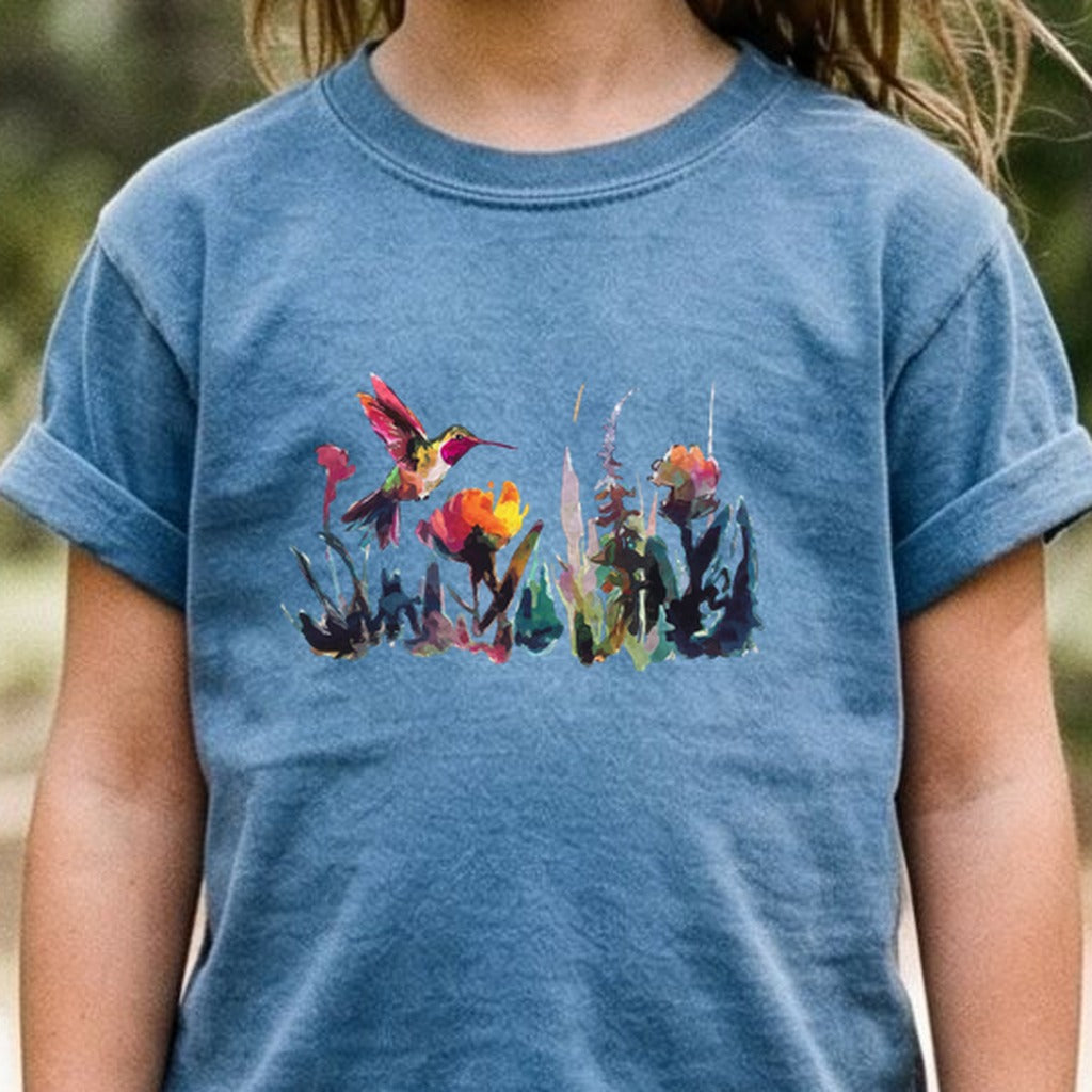 Watercolor Hummingbird with Flowers Kids Cotton T-Shirt
