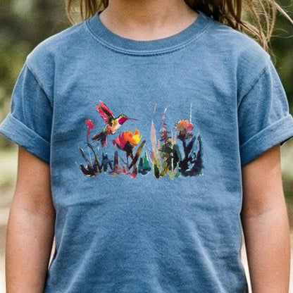 Watercolor Hummingbird with Flowers Kids Cotton T-Shirt