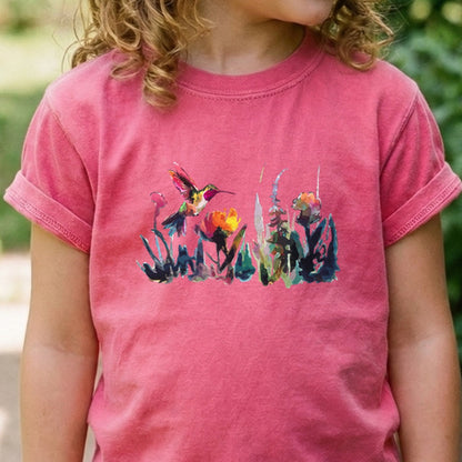Watercolor Hummingbird with Flowers Kids Cotton T-Shirt