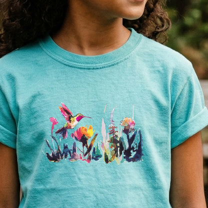 Watercolor Hummingbird with Flowers Kids Cotton T-Shirt