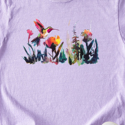 Watercolor Hummingbird with Flowers Kids Cotton T-Shirt
