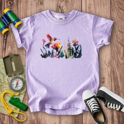 Watercolor Hummingbird with Flowers Kids Cotton T-Shirt