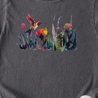 Watercolor Hummingbird with Flowers Kids Cotton T-Shirt