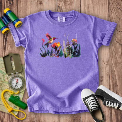 Watercolor Hummingbird with Flowers Kids Cotton T-Shirt