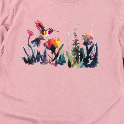 Watercolor Hummingbird with Flowers Cotton Long Sleeve