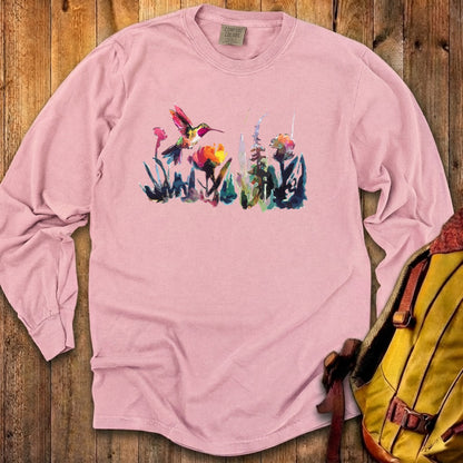 Watercolor Hummingbird with Flowers Cotton Long Sleeve