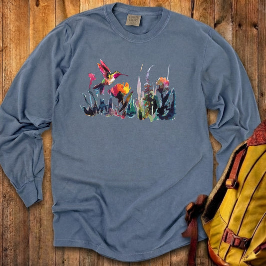 Watercolor Hummingbird with Flowers Cotton Long Sleeve