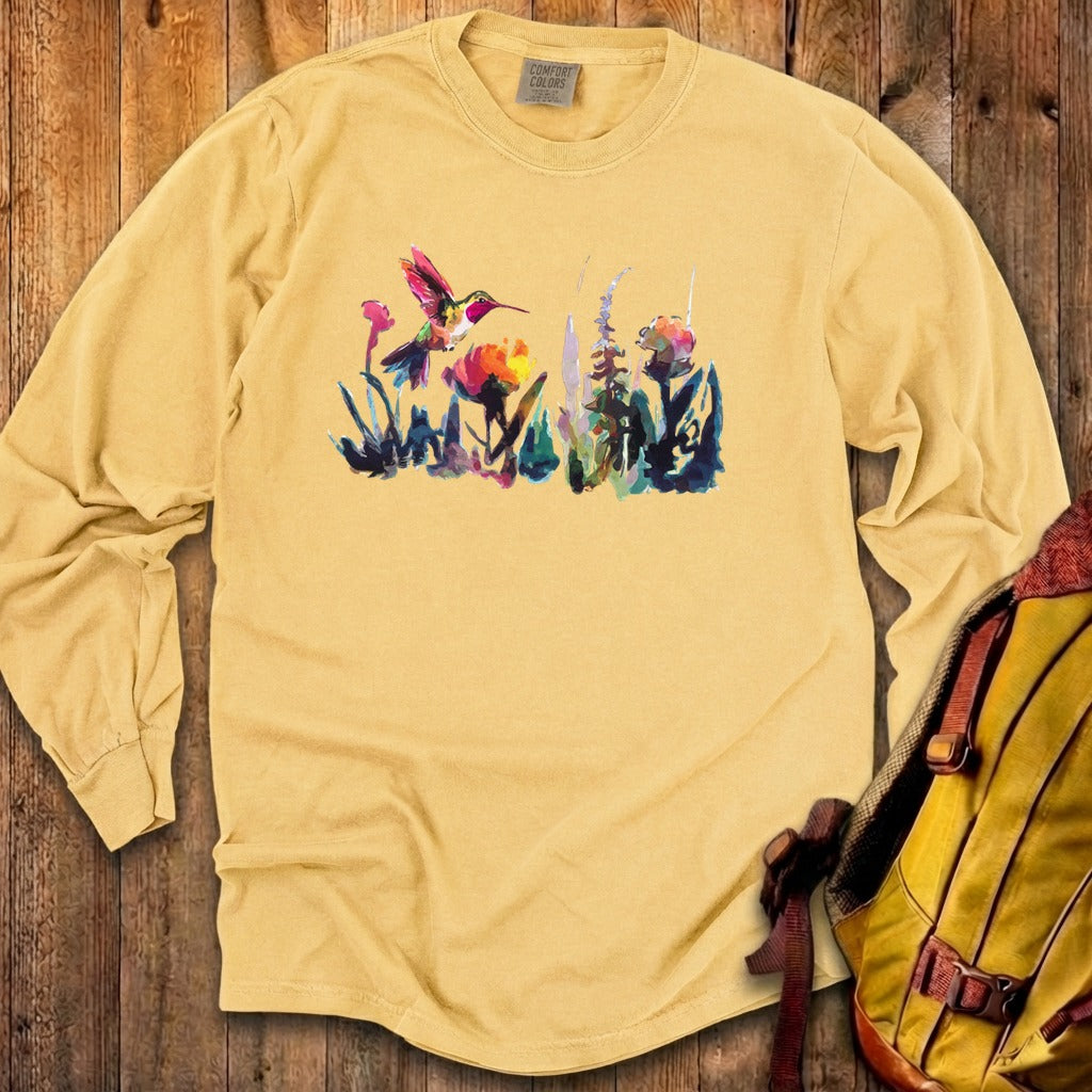 Watercolor Hummingbird with Flowers Cotton Long Sleeve