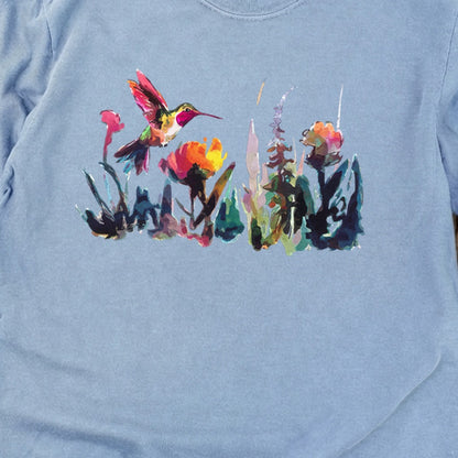 Watercolor Hummingbird with Flowers Cotton Long Sleeve