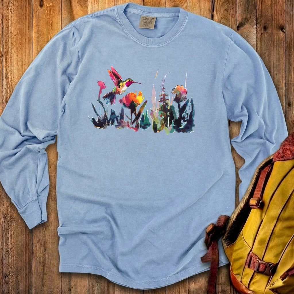 Watercolor Hummingbird with Flowers Cotton Long Sleeve