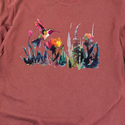 Watercolor Hummingbird with Flowers Cotton Long Sleeve