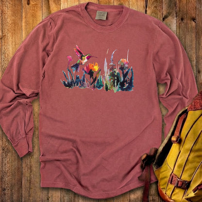 Watercolor Hummingbird with Flowers Cotton Long Sleeve