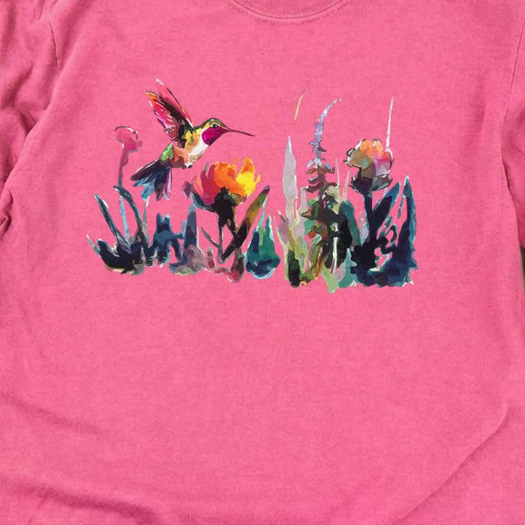 Watercolor Hummingbird with Flowers Cotton Long Sleeve