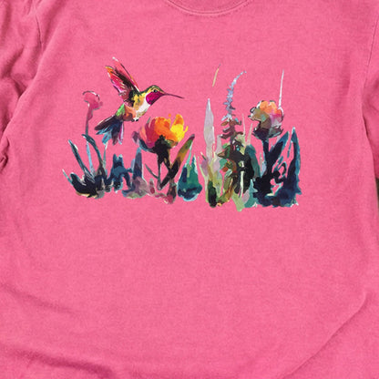 Watercolor Hummingbird with Flowers Cotton Long Sleeve