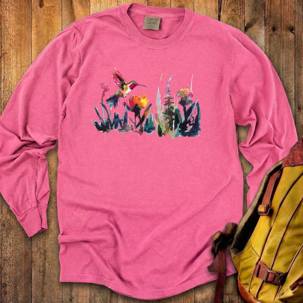 Watercolor Hummingbird with Flowers Cotton Long Sleeve