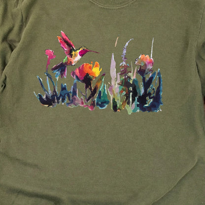Watercolor Hummingbird with Flowers Cotton Long Sleeve