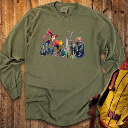 Watercolor Hummingbird with Flowers Cotton Long Sleeve